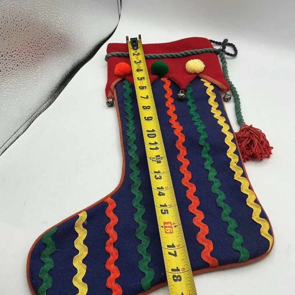 Crate & Barrel Ric Rac Christmas Stocking Wool Pom Poms Bells 18” Retired